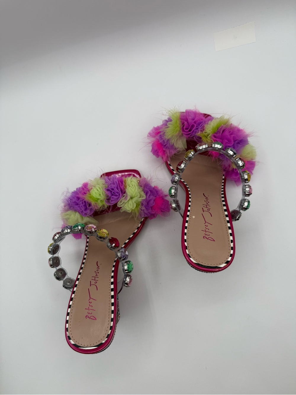 Betsey Johnson Attica Rhinestone Pink Embellished Sandals Pom Pom Statement Mule - Picture 10 of 17